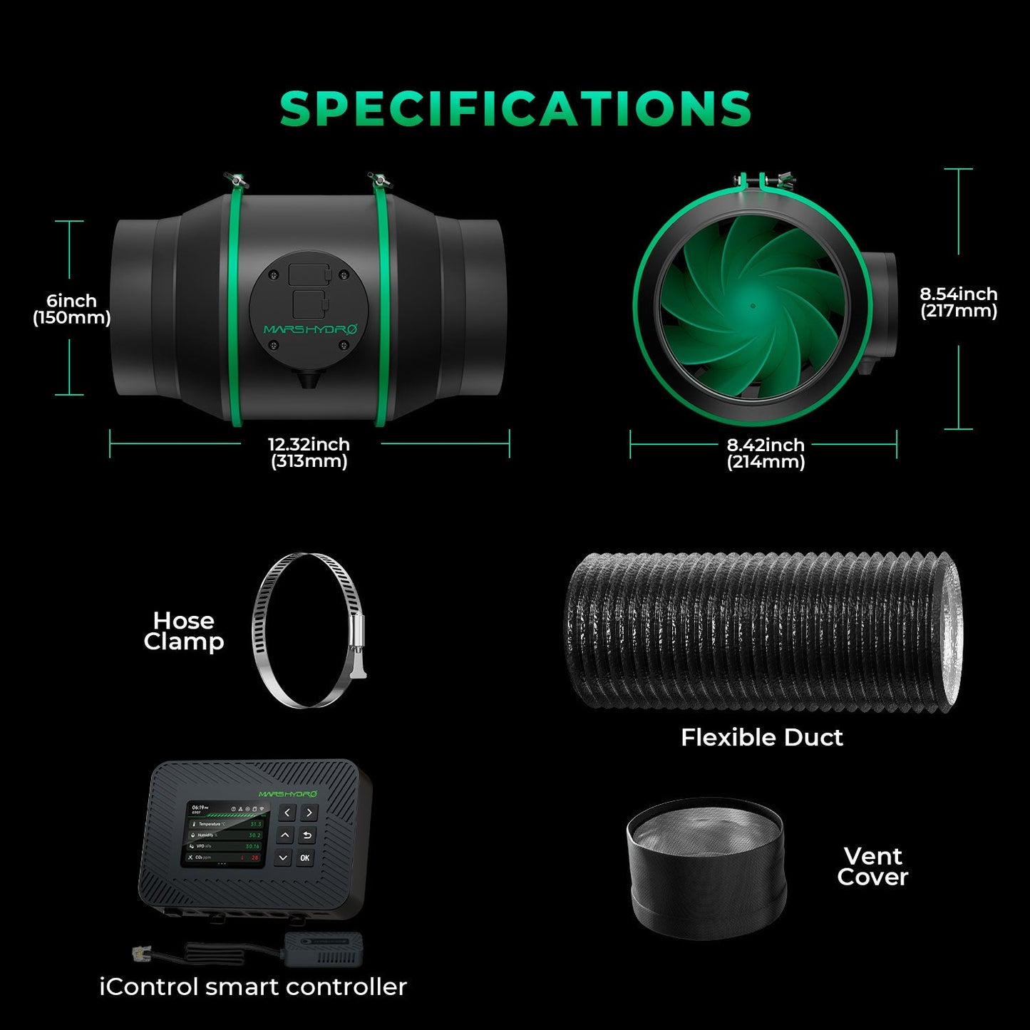 Mars Hydro 6" (150 mm) Smart Lüftungsset – Inklusive iControl WiFi/Bluetooth Regler