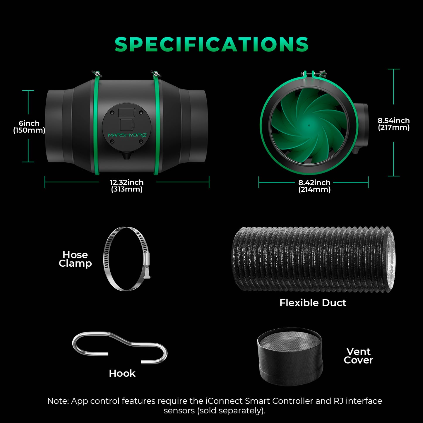 Mars Hydro iFresh 6″ (150 mm) Inline-Kanalventilator und nachfüllbarer Aktivkohlefilter im Kombi-Set