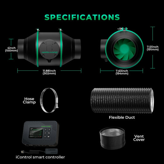 Mars Hydro 4" (100 mm) Smart Lüftungsset – Inklusive iControl WiFi/Bluetooth Regler
