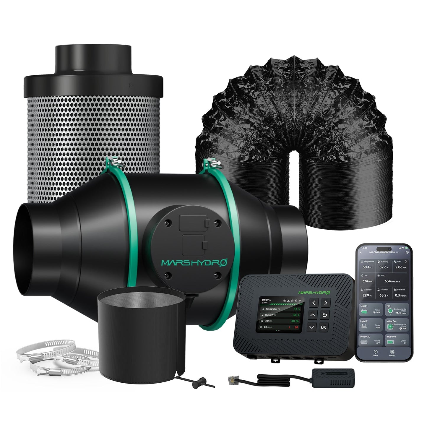 Mars Hydro 4" (100 mm) Smart Lüftungsset – Inklusive iControl WiFi/Bluetooth Regler