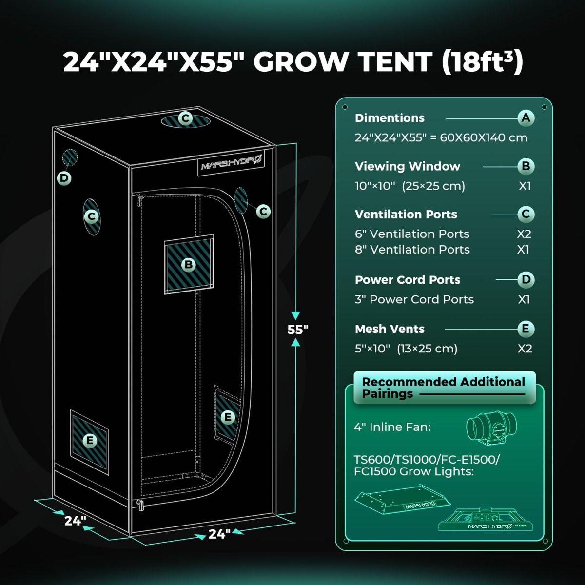 Mars Hydro Growzelt 60x60x140 cm - 1680D Oxford Growbox - Professionelles Indoor-Zelt