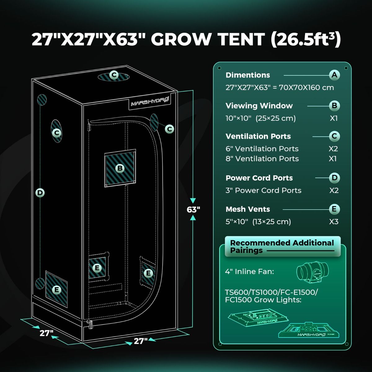 Mars Hydro Growzelt 70x70x160 cm - 1680D Oxford Growbox - Professionelles Indoor-Zelt