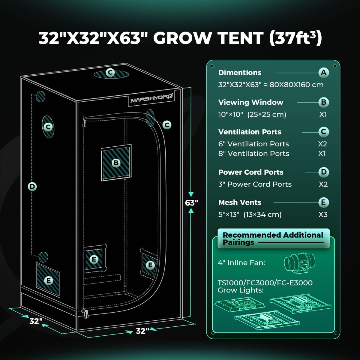 Mars Hydro Growzelt 80x80x160 cm - 1680D Oxford Growbox - Professionelles Indoor-Zelt