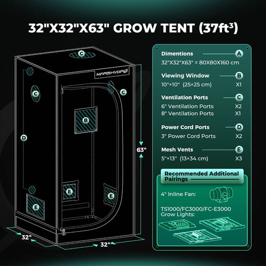 Mars Hydro Growzelt 80x80x160 cm - 1680D Oxford Growbox - Professionelles Indoor-Zelt