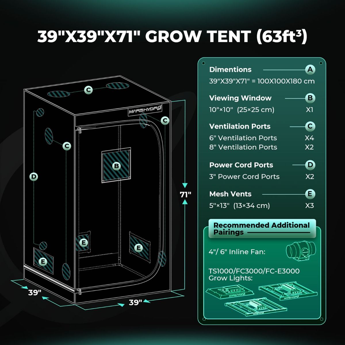 Mars Hydro Growzelt 100x100x180 cm - 1680D Oxford Growbox - Professionelle Indoor-Zelt