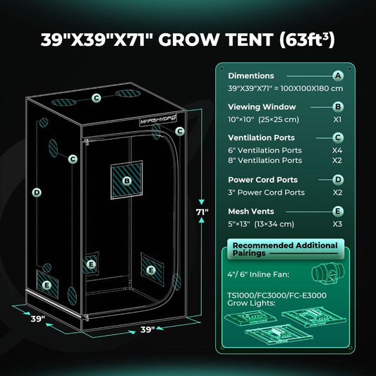 Mars Hydro Growzelt 100x100x180 cm - 1680D Oxford Growbox - Professionelle Indoor-Zelt