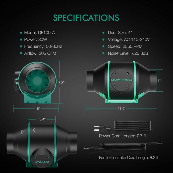 Mars Hydro 4" (100 mm) Intelligenter Rohrventilator mit Temperatur- & Feuchtigkeitssteuerung