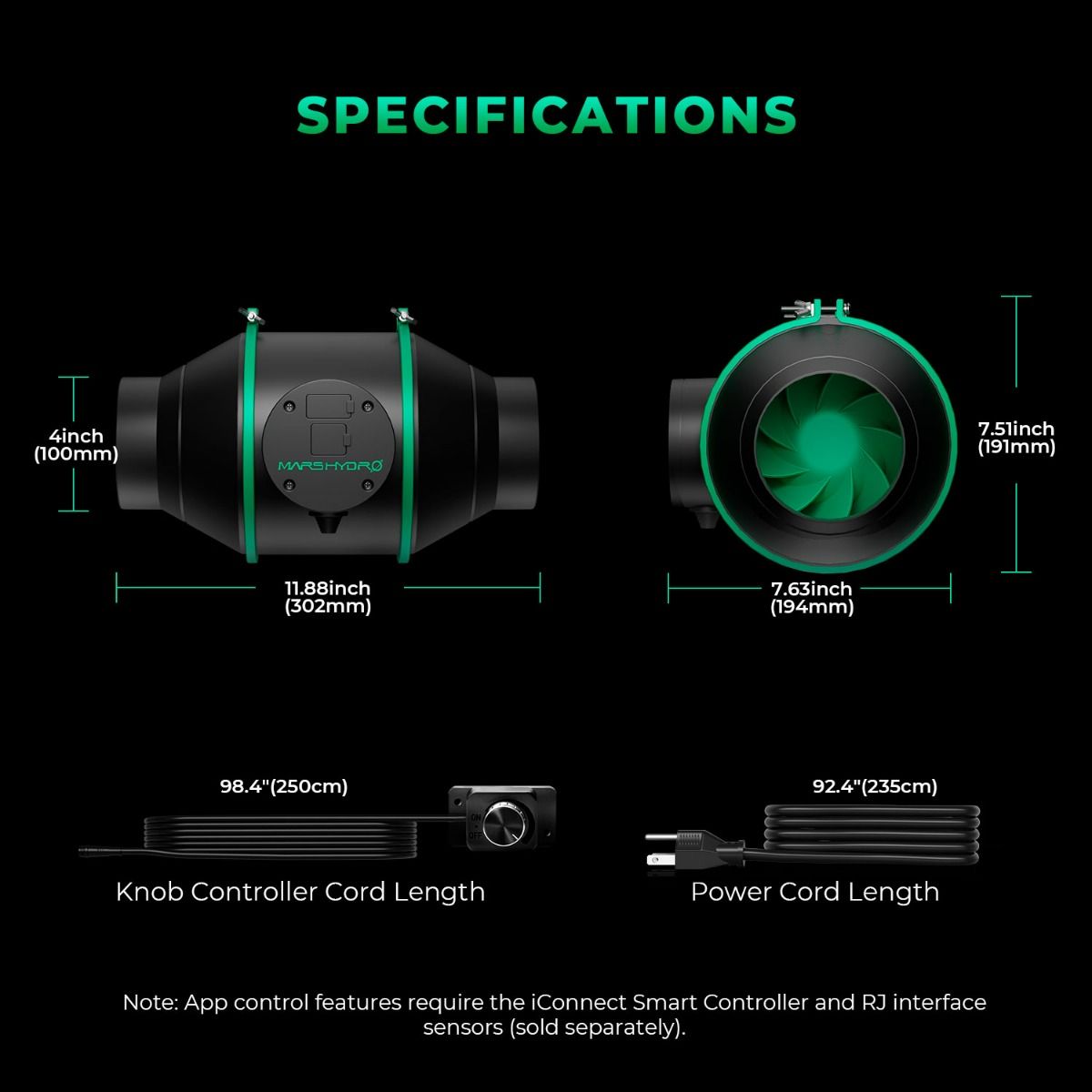 Mars Hydro iFresh – 4" (100 mm) Rohrventilator mit USB-Smart-Steuerung