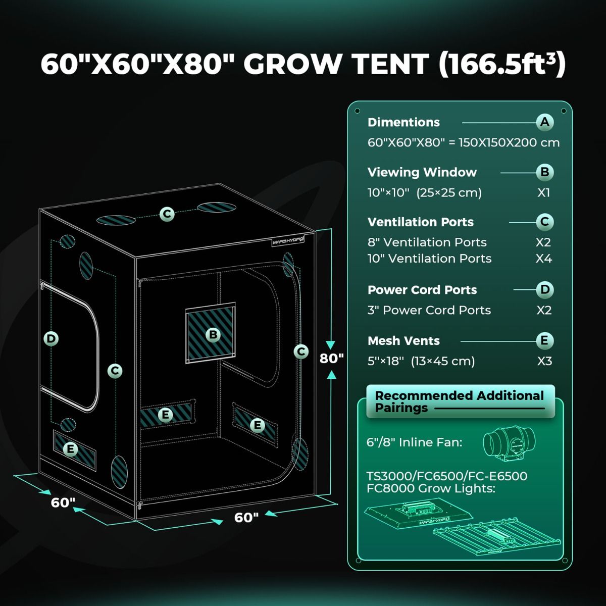 Mars Hydro Growzelt 150x150x200 cm - 1680D Oxford Growbox - Professionelles Indoor-Zelt