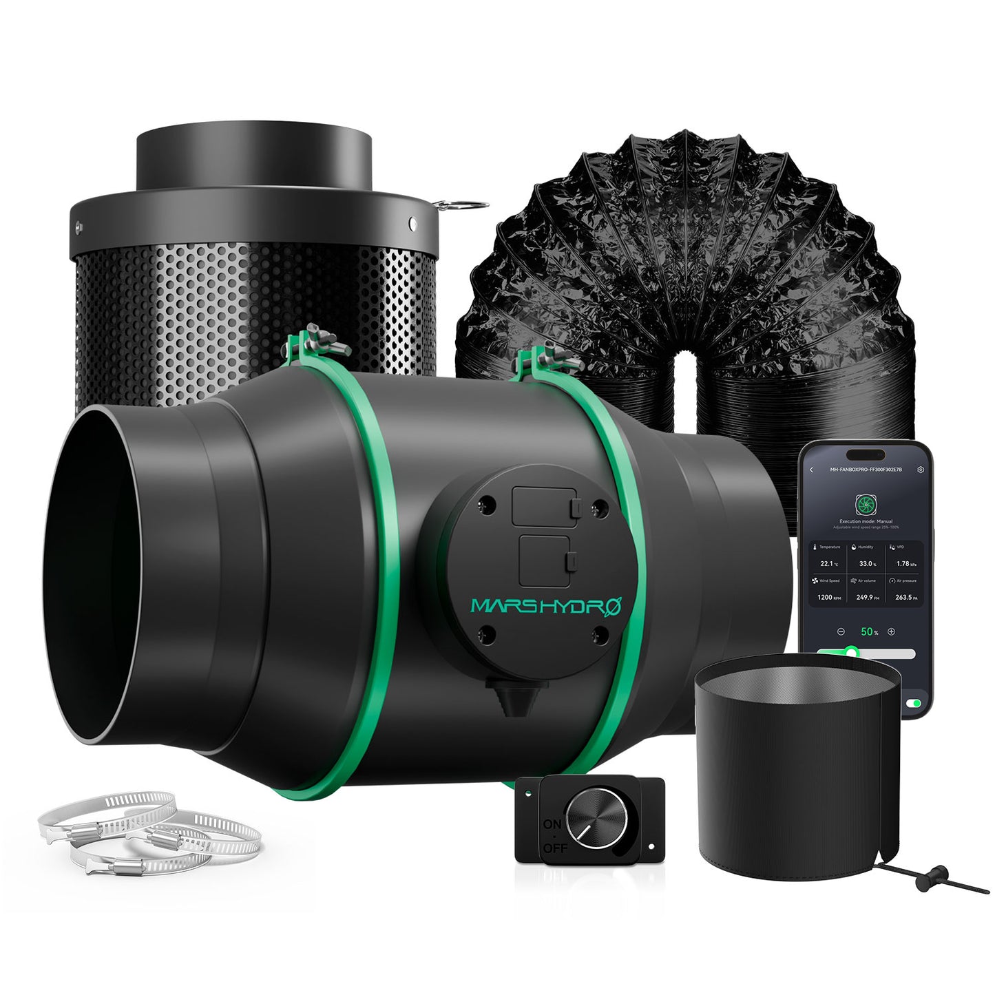 Mars Hydro iFresh 6″ (150 mm) Inline-Kanalventilator und nachfüllbarer Aktivkohlefilter im Kombi-Set