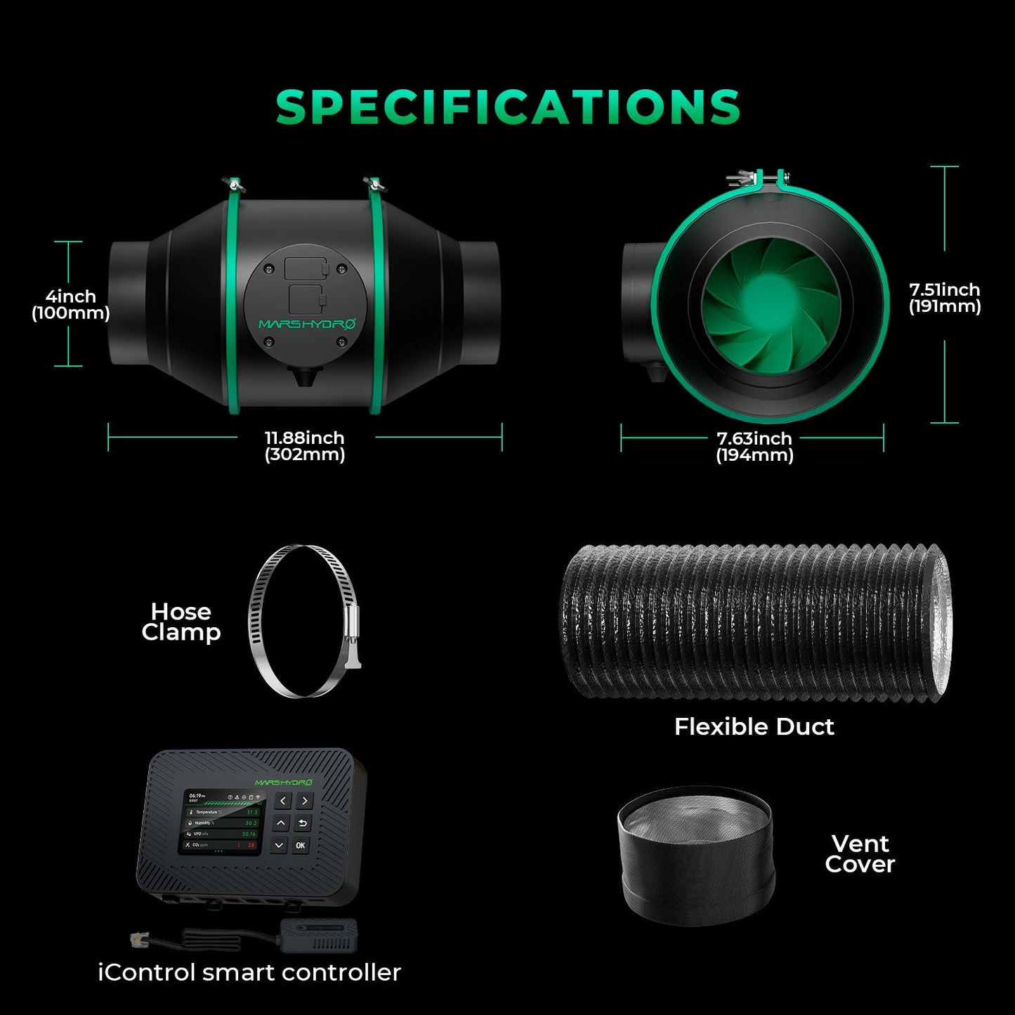 Mars Hydro 6" (150 mm) Smart Lüftungsset – Inklusive iControl WiFi/Bluetooth Regler