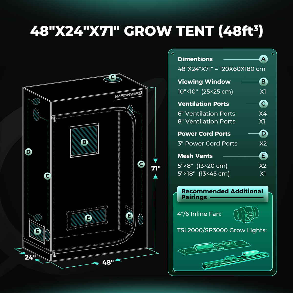Mars Hydro Growzelt 120x60x180 cm - 1680D Oxford Growbox - Professionelle Indoor-Zelt