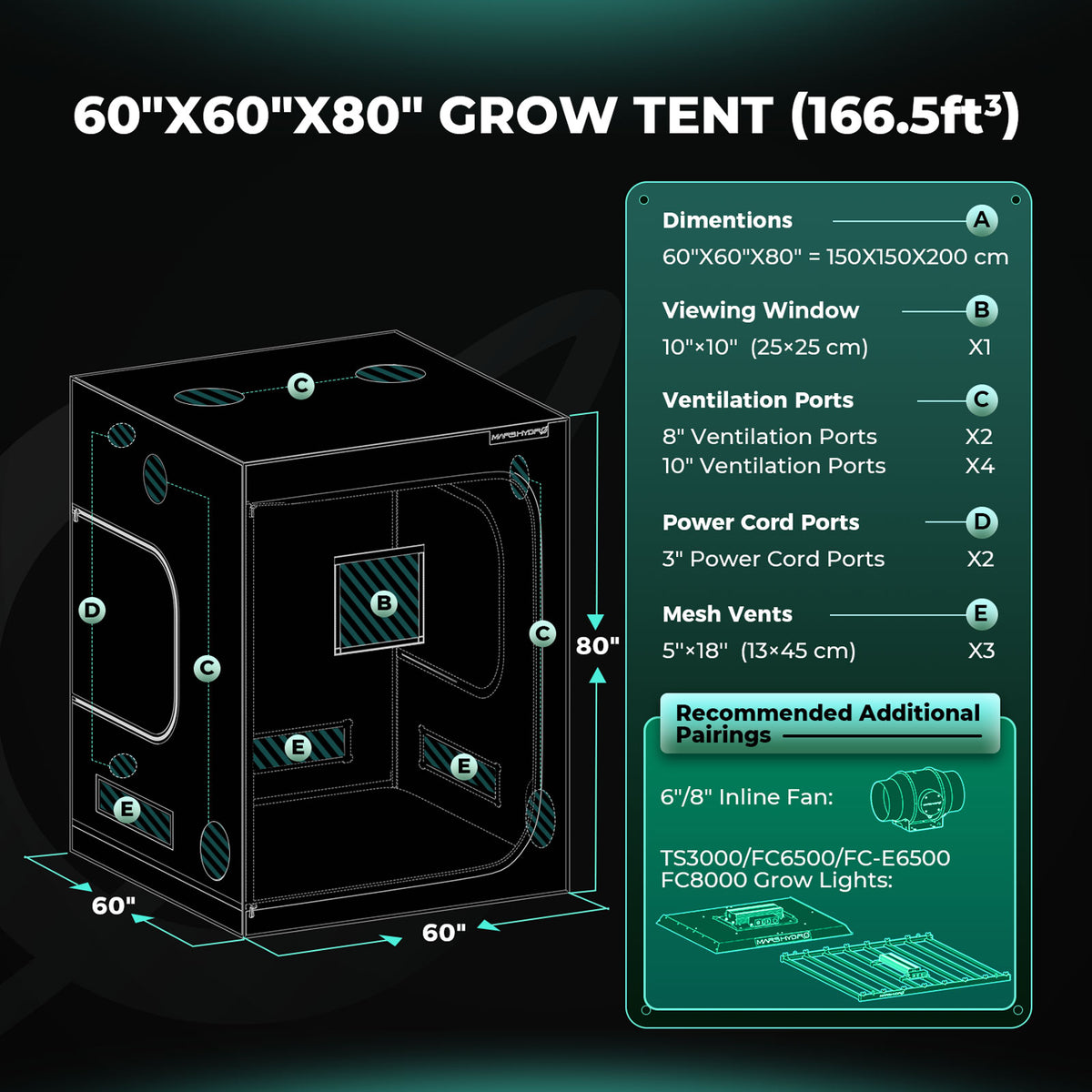 Mars Hydro FC-E6500 Complete Grow Tent Kits | 730W LED Grow Light + 150x150cm Indoor Tent + 6″ Ventilation System